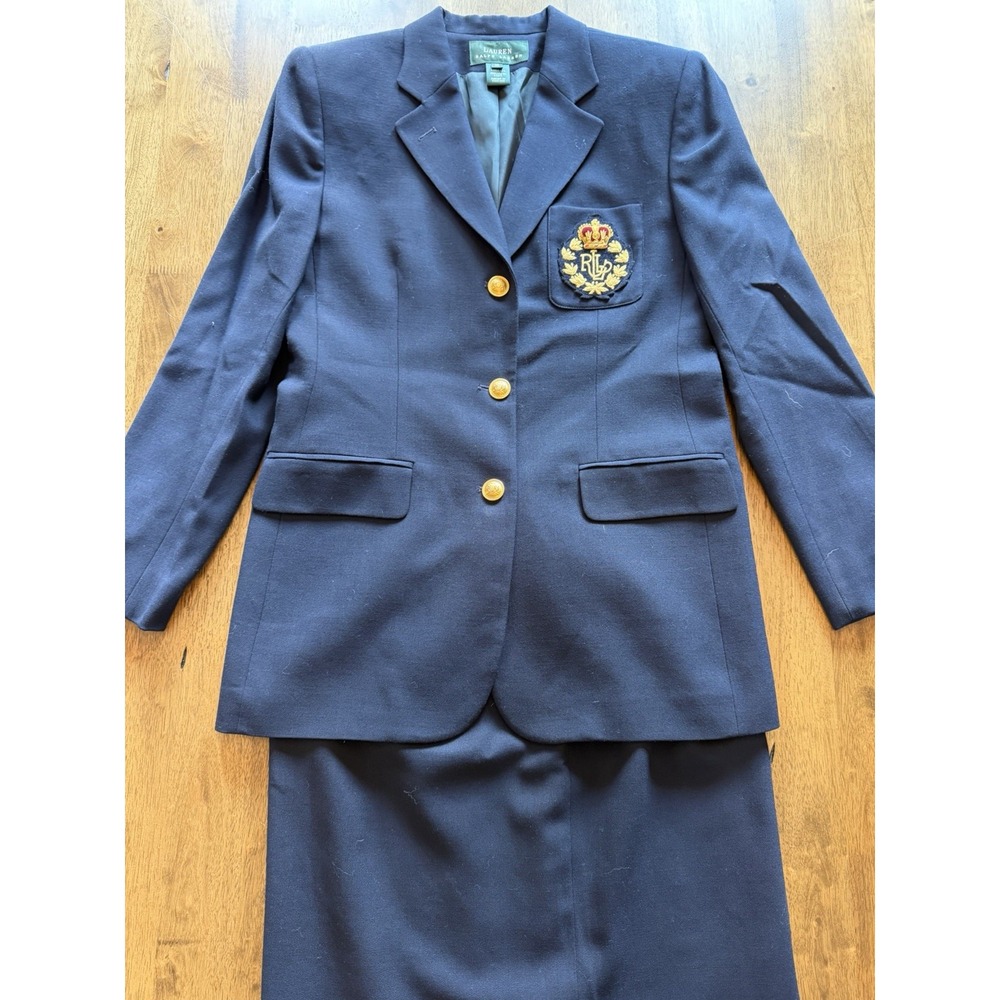 Vintage Lauren Ralph Lauren Women's 2 Pc Navy Worsted Wool Blazer Skirt Size 10
